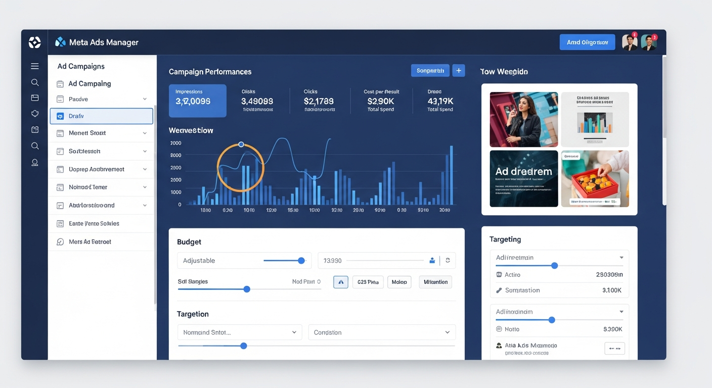 Meta Ads Manager dashboard with active campaigns