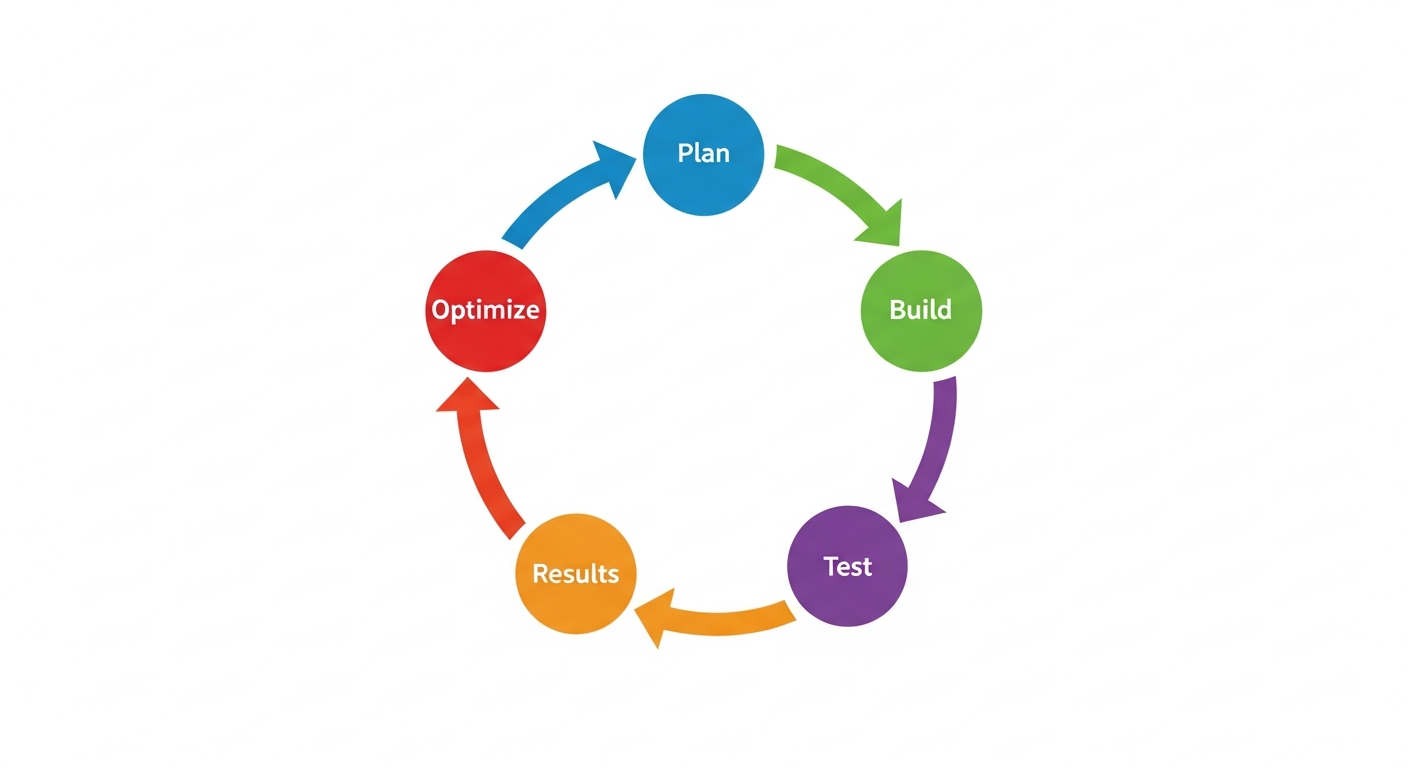 Continuous optimization cycle: Plan, Build, Test, Results, Optimize